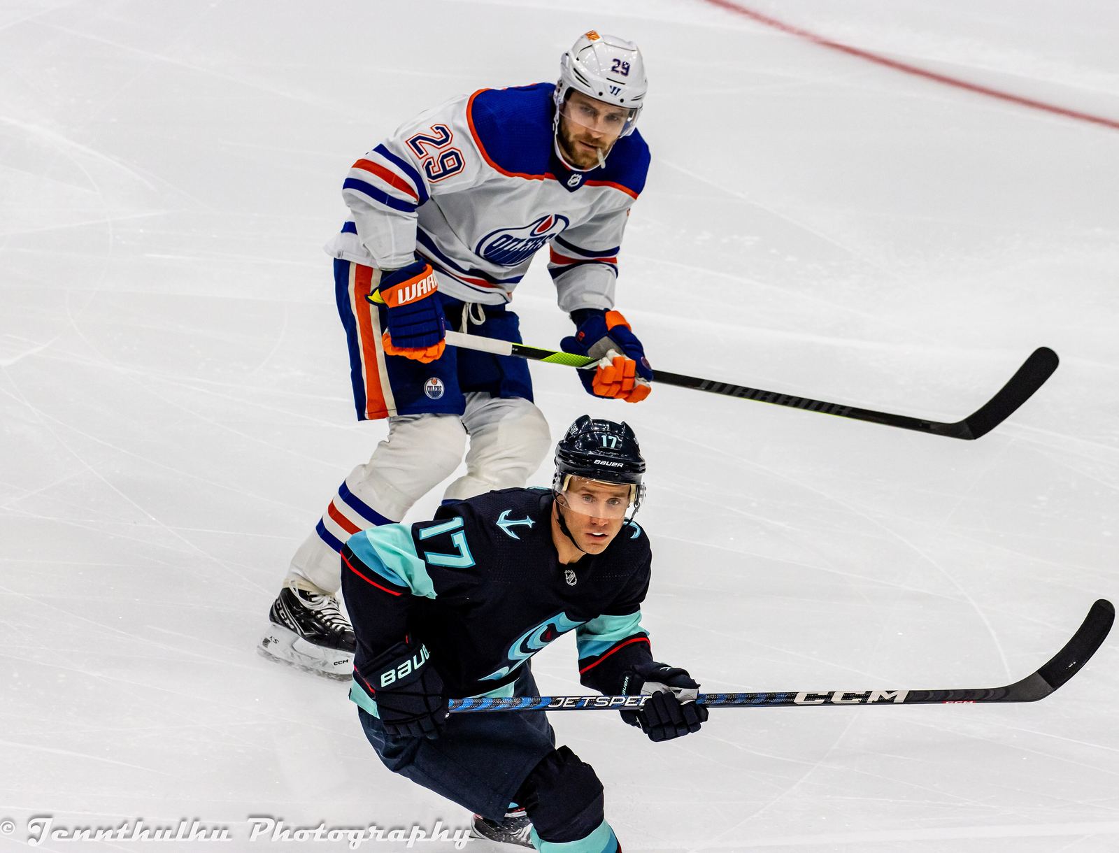 Leon Draisaitl, number 29 in an Edmonton Oilers away jersey, against the Seattle Kraken, October 2023.