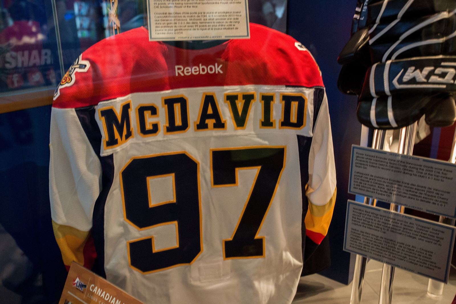 Connor McDavid’s Erie Otters number 97 sweater displayed in a case at the Hockey Hall of Fame.